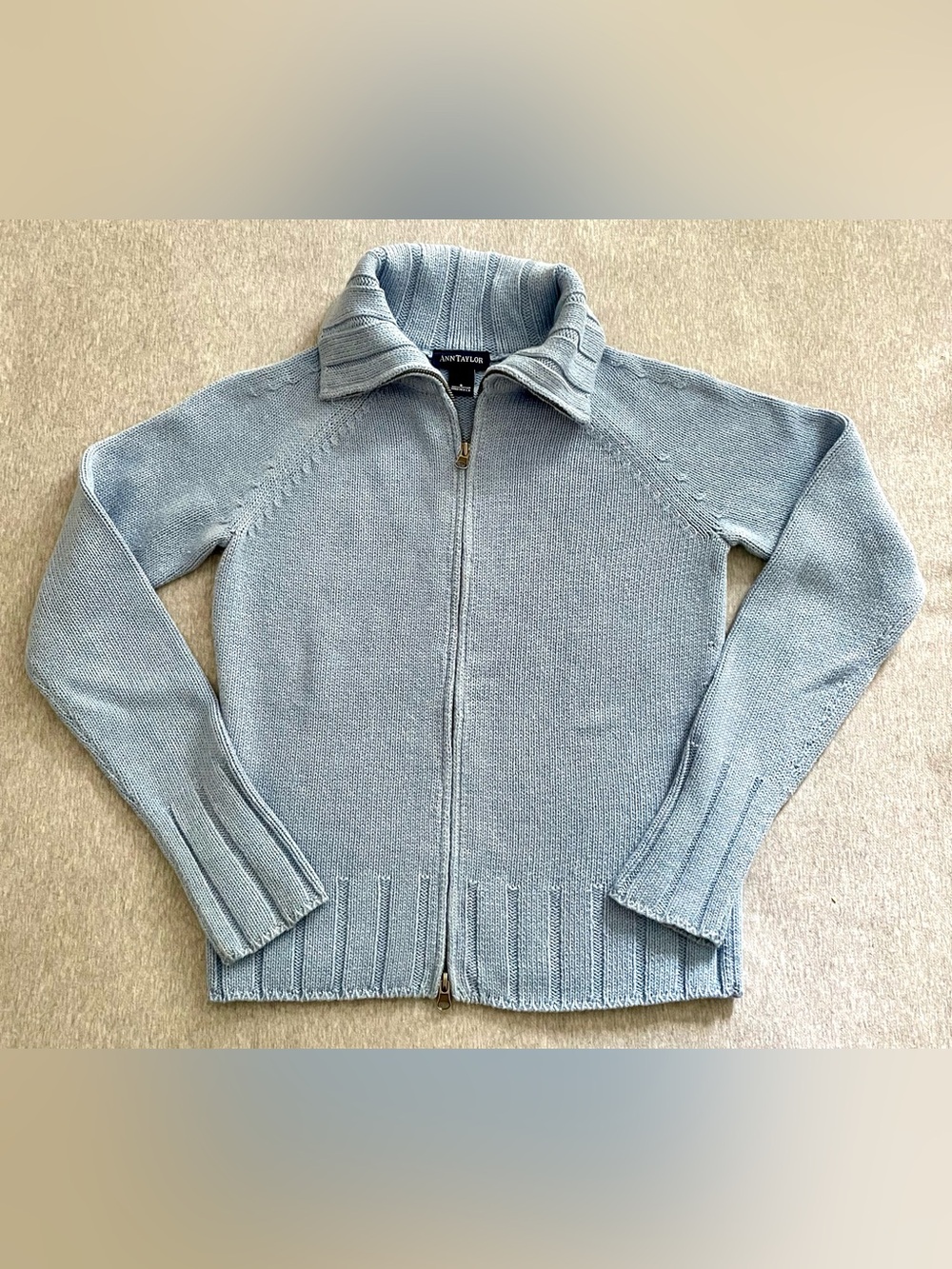 Ann Taylor Size Small Light Blue Cotton Knit Zip-Front Sweater Made in USA